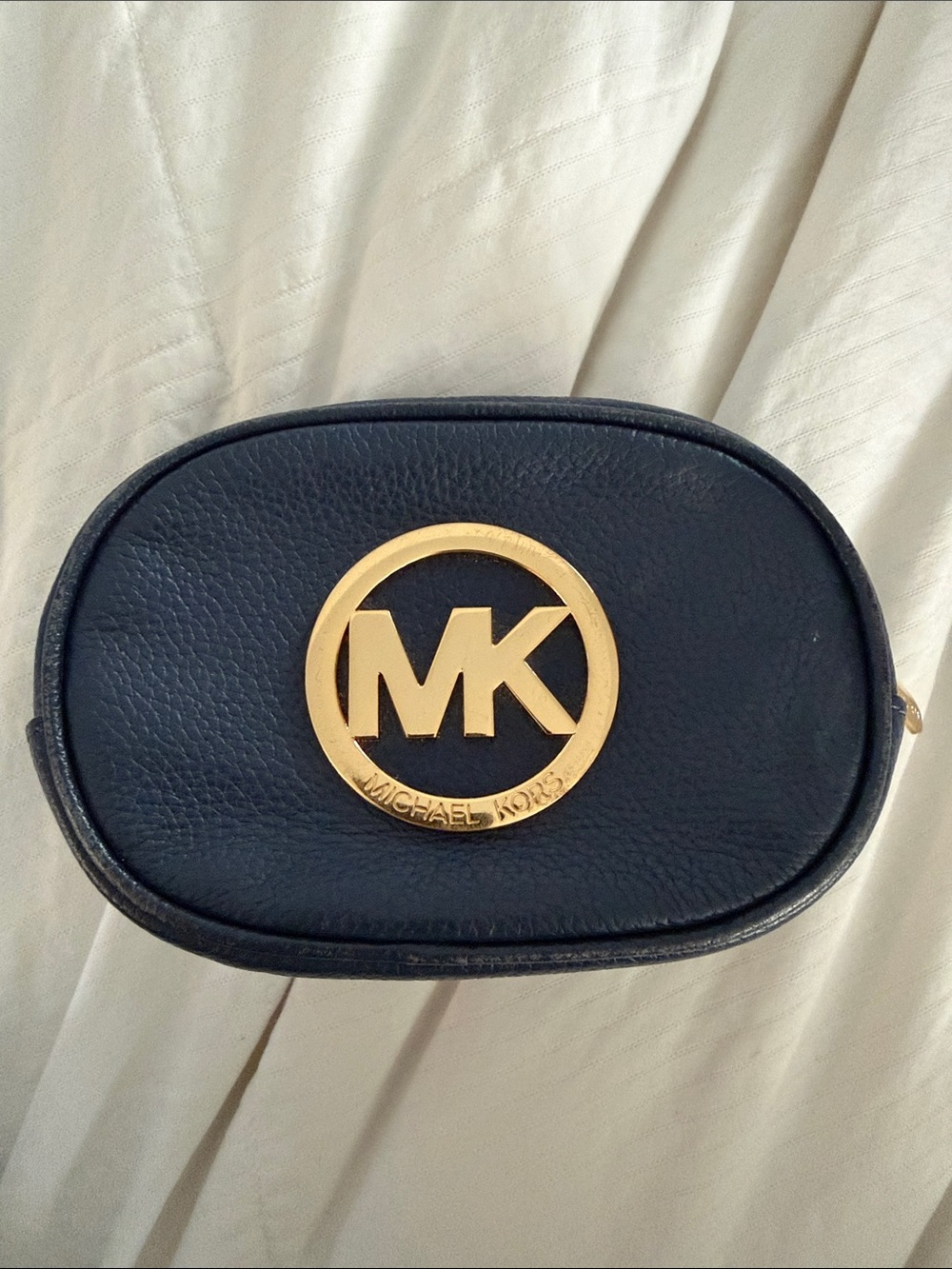 Michael Kors Navy Leather Pouch with Gold MK Emblem
